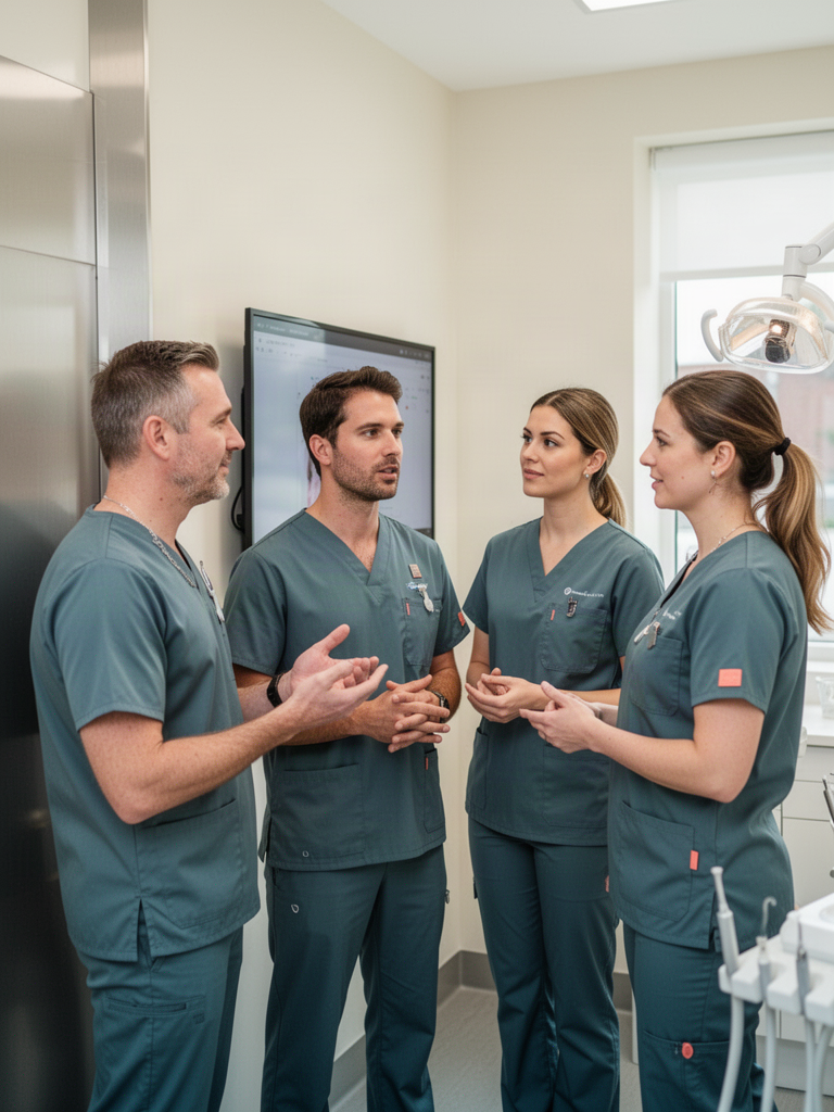 Dental team huddle reviewing follow-up tasks
